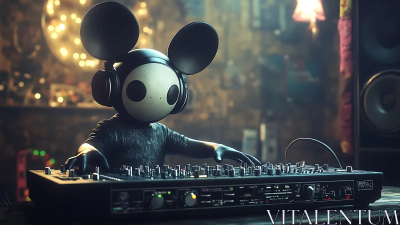 Cartoon mouse headed DJ mixing tracks in moody studio.