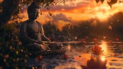 Sunset-lit Buddha statue rendered in high-detail 3D beside lotus pond