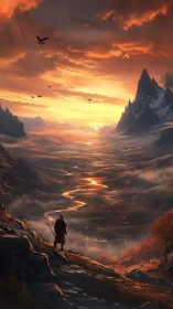 Lone traveler overlooks blazing sunset river valley vista