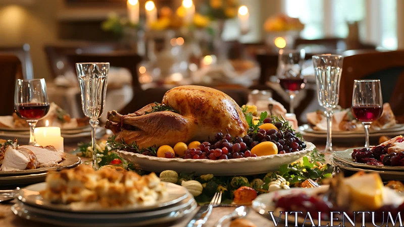 Roasted holiday turkey anchors an opulent candlelit tablescape