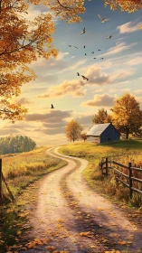Autumnal dirt road curvature with barn, foliage, and avian vectors.