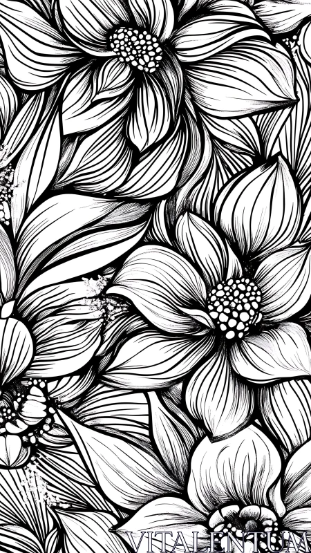 High-contrast pen illustration featuring densely overlapped floral subjects with linear hatching tec