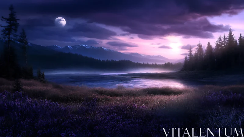 Moonlit lakeside twilight wrapped in violet wildflower hush.
