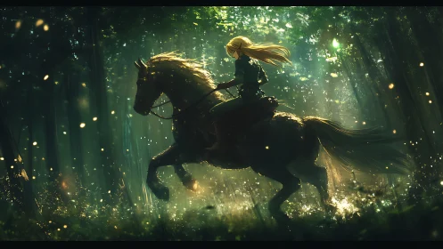 Girl on horseback racing through a sunlit enchanted forest.