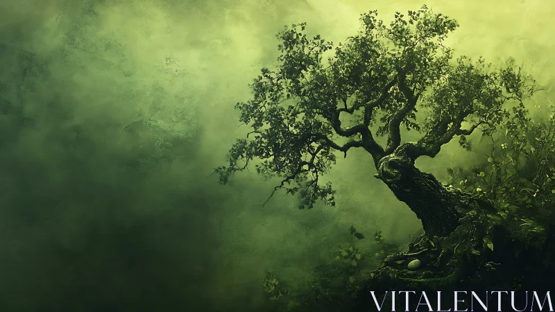 Gnarled mossy tree rendered against atmospheric green depth field
