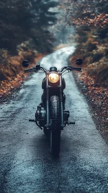 Lone vintage motorcycle on misty forest backroad at dusk.