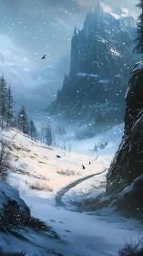 Snowy mountain valley with winding trail and distant wolves.
