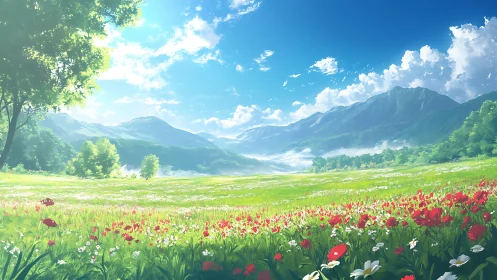 Sunlit wildflower meadow under distant mountain range.