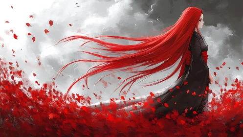 Scarlet-haired woman in black amid raging red petals storm.