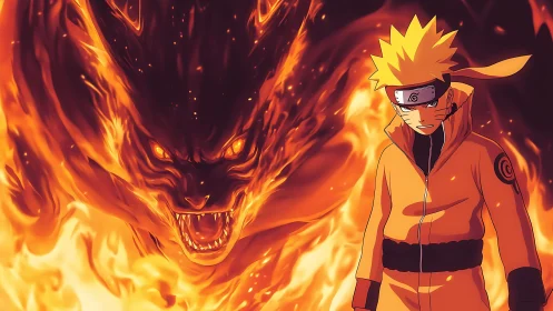 Volatile chakra entity looming behind focused shinobi vessel.