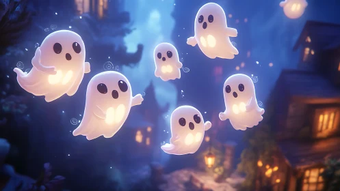 Playful little ghosts drift through a cozy moonlit village.