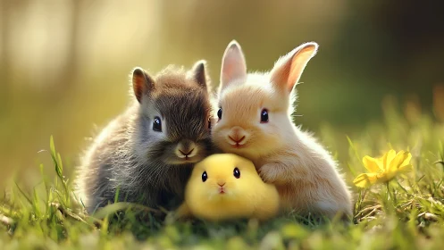 Two rabbits and a chick sit on grass in soft backlight