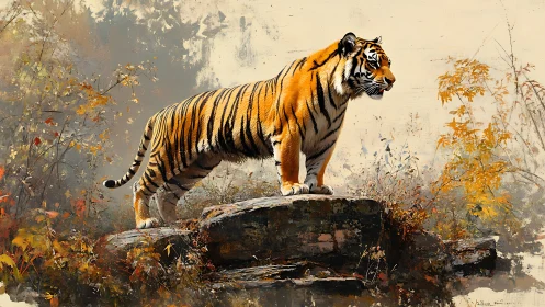 Tiger surveys autumn forest from weathered stone ledge.