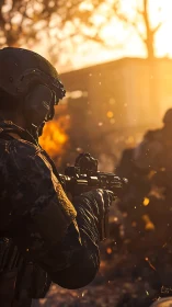 Golden-hour soldier moves forward through glowing embers