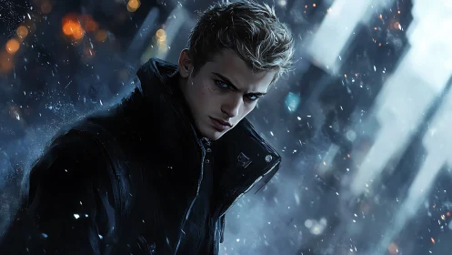 Brooding urban wanderer in windswept neon nightscape.