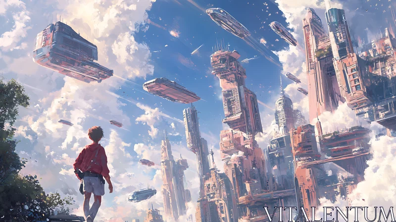 Human figure observing vertical sci‑fi city and sky traffic.