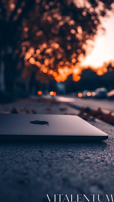 MacBook positioned on street at sunset with bokeh lights