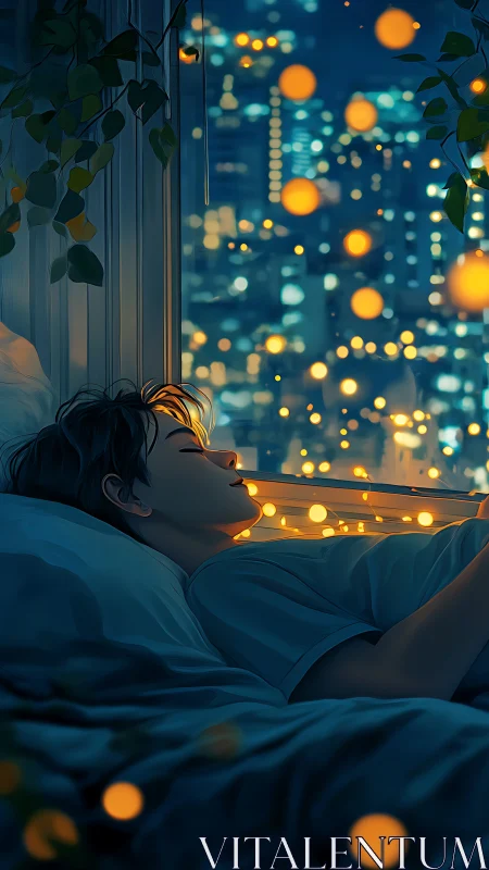 Person sleeps by window as city lights and bokeh glow