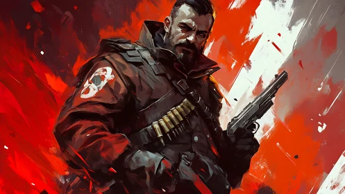 Hardened mercenary stands ready amid blazing red chaos