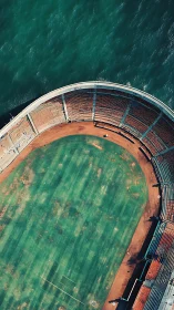 Aerial view of coastal stadium bowl and weathered grass field
