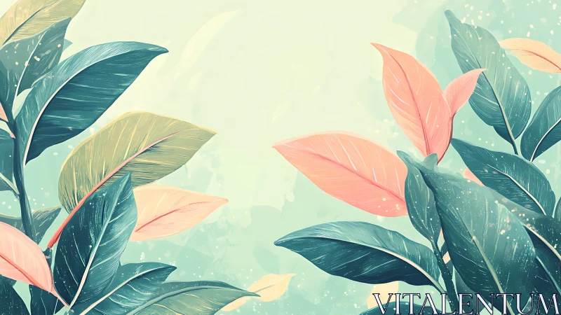 Pastel tropical foliage with teal and coral botanical leaves.