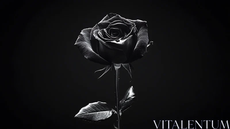 Single black rose stands isolated against dark background