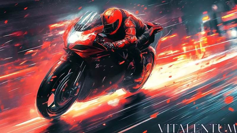 Dynamic cyberpunk sportbike rider with motion-streak lighting.