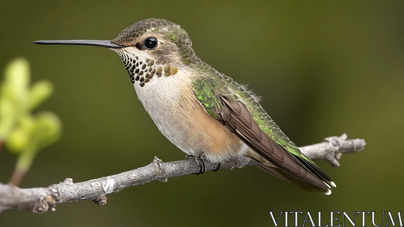 Close-up of a perched hummingbird with iridescent green feathers.