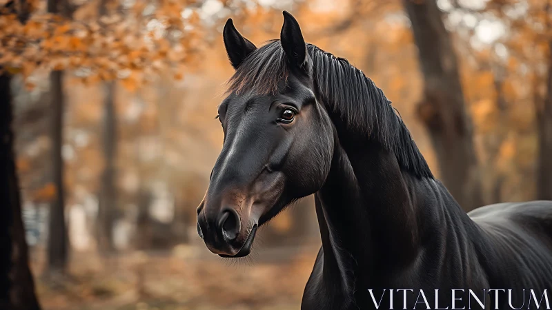 Black horse portrait in soft autumn forest light background.
