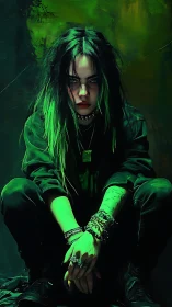 Moody green-lit portrait of crouching punk figure in layered chains