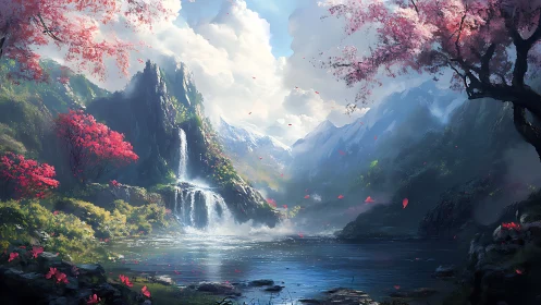 Digital landscape shows waterfall, lake, and pink blossom trees