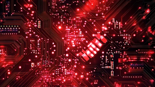 Red neon circuitry glows across dense electronic motherboard