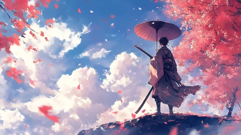 Samurai figure under umbrella amid red foliage and sky.