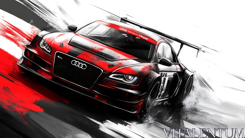 Red and black Audi race car in dynamic digital motion study.