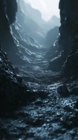 Misty cavern passage climbs toward a pale, haunted light.