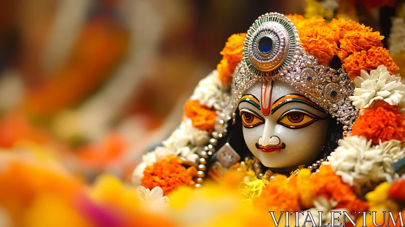 Ornate Hindu deity idol with floral garlands and jeweled crown