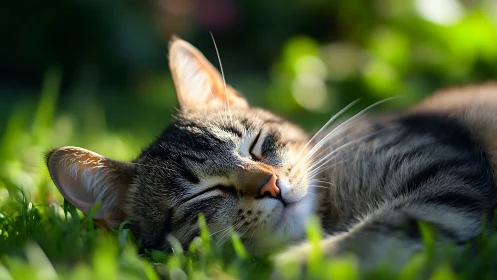 Tabby Cat Resting in Sunlit Grass.