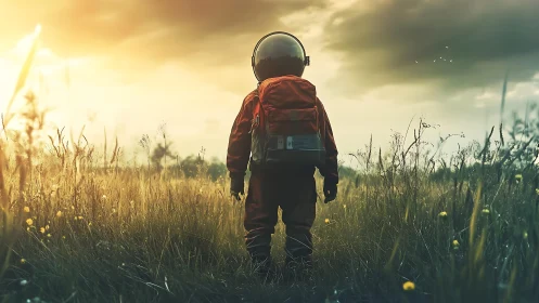 Child astronaut stands in tall grass under dramatic sunset sky