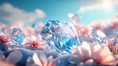 Iridescent blue crystals embedded within pastel floral field.