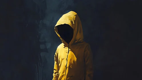 Hooded ember in the void, a faceless watcher in yellow.