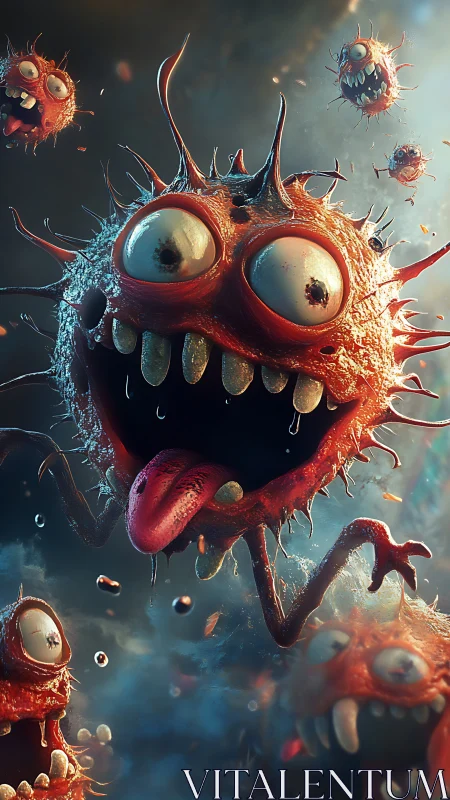 Grotesque spherical organisms float in a stylized 3D scene