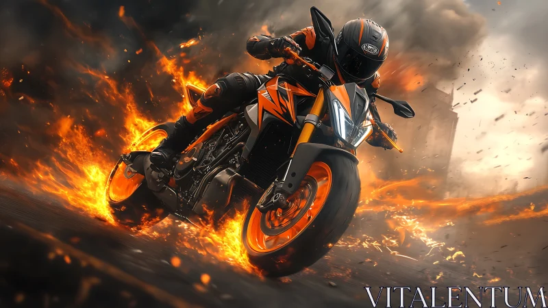 Flames chase the orange superbike carving sparks through smoke