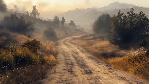 Dusty country road winding through misty golden hills.