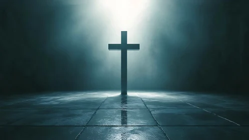 Isolated cross silhouette on tiled floor under overhead light.