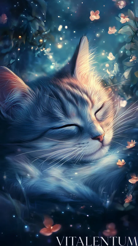 Luminescent Cat with Ethereal Floral Elements and Bokeh.