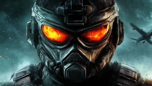 Armored soldier helmet with molten visor glow in aerial battle field