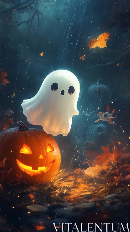 Whimsical ghost and jack o lantern in moody forest scene.