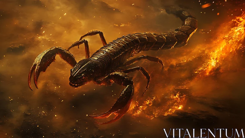 Scorpion rendered in high detail within fiery environment.
