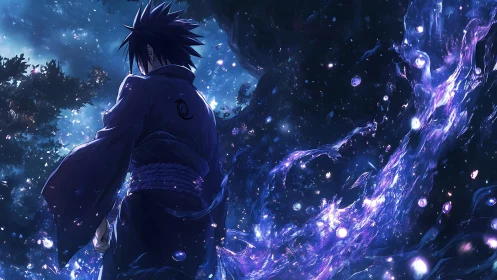 Dark haired warrior faces swirling purple energy stream.