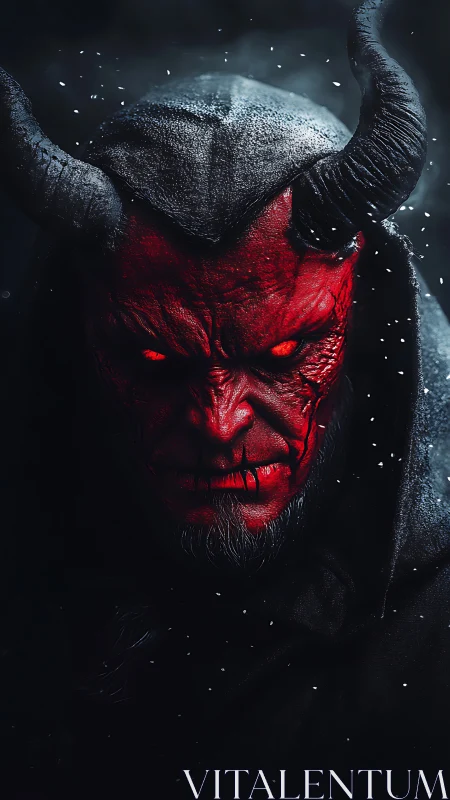 Photorealistic demonic portrait with sculpted horns and cloak.
